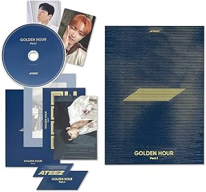 ATEEZ - [GOLDEN HOUR : Part.1] (BLUE HOUR Ver.) Invitation + Photo Frame + Postcard Set + Envelope + Photobook + Postcard + Photocard + Sticker + Bookmark + Disc + 2 Pin Badges + 4 Extra Photocards
