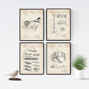 Nacnic - Pack 4 L&aacute;minas Patentes M&uacute;sica Blues. Set de Posters con Planos y Dibujos de Instrumentos Musicales Antiguos - Decoraci&oacute;n Mural Vintage