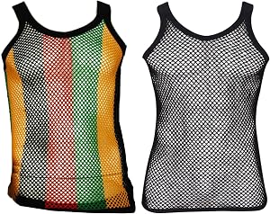 UD Accessories Rasta - Chaleco de malla de malla 100% algod&oacute;n, a rayas, color negro, rojo, verde y amarillo, Paquete de 2 (1 rayas rasta, 1 negro liso), L
